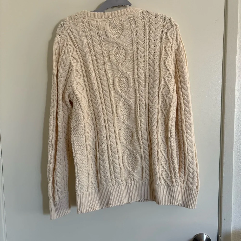 L.L Bean Cream Cable Knit Sweater Women’s Size L 100% Organic Cotton Fisherman - Picture 6 of 8